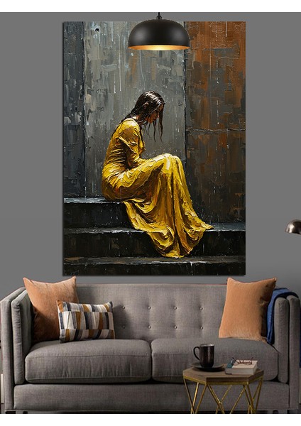 Sarı Elbiseli Merdivende Oturan Kadın Dekoratif Kanvas - Mdf Ahşap Tablo fiyatları