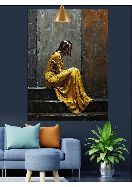 Sarı Elbiseli Merdivende Oturan Kadın Dekoratif Kanvas - Mdf Ahşap Tablo modelleri