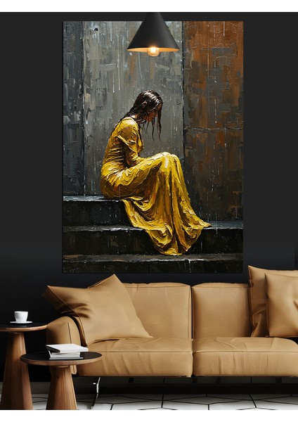 Sarı Elbiseli Merdivende Oturan Kadın Dekoratif Kanvas - Mdf Ahşap Tablo fırsatları