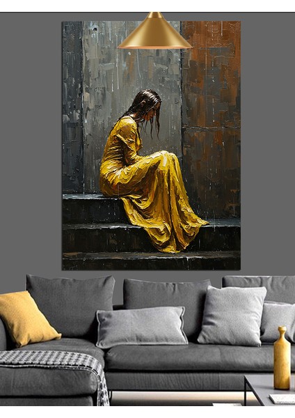 Sarı Elbiseli Merdivende Oturan Kadın Dekoratif Kanvas - Mdf Ahşap Tablo indirimleri