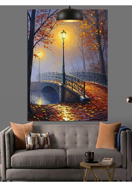 Sonbaharda Sokak Lambası ve Köprü Dekoratif Kanvas - Mdf Ahşap Tablo