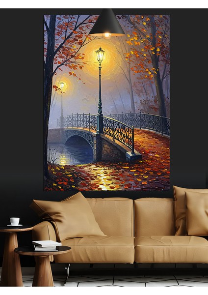Sonbaharda Sokak Lambası ve Köprü Dekoratif Kanvas - Mdf Ahşap Tablo modelleri