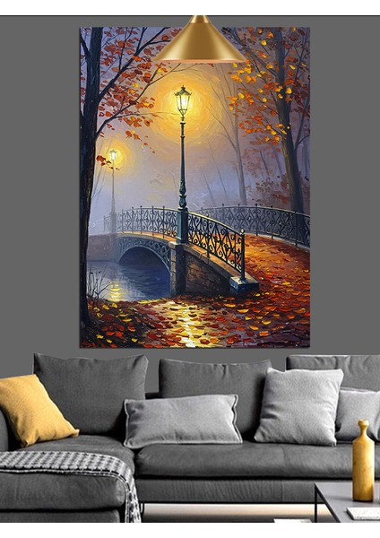 Sonbaharda Sokak Lambası ve Köprü Dekoratif Kanvas - Mdf Ahşap Tablo fırsatları