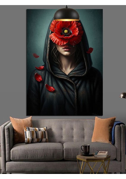 Kapüşonlu Adam Kırmızı Çiçekli Yüz Dekoratif Kanvas - Mdf Ahşap Tablo