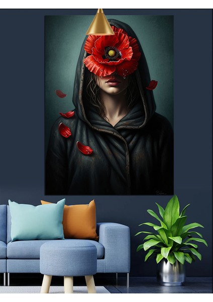 Kapüşonlu Adam Kırmızı Çiçekli Yüz Dekoratif Kanvas - Mdf Ahşap Tablo fiyatları