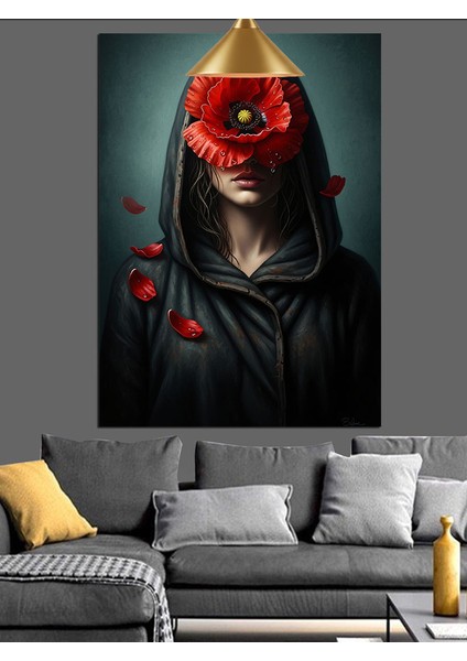 Kapüşonlu Adam Kırmızı Çiçekli Yüz Dekoratif Kanvas - Mdf Ahşap Tablo fırsatları