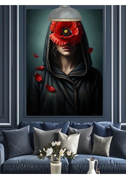 Kapüşonlu Adam Kırmızı Çiçekli Yüz Dekoratif Kanvas - Mdf Ahşap Tablo indirimleri