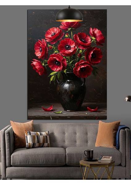 Kahve Rengi Vazo ve Kırmızı Çiçekler Dekoratif Kanvas - Mdf Ahşap Tablo