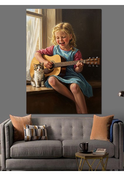 Gitar Çalan Kız Çocuk Dekoratif Kanvas - Mdf Ahşap Tablo
