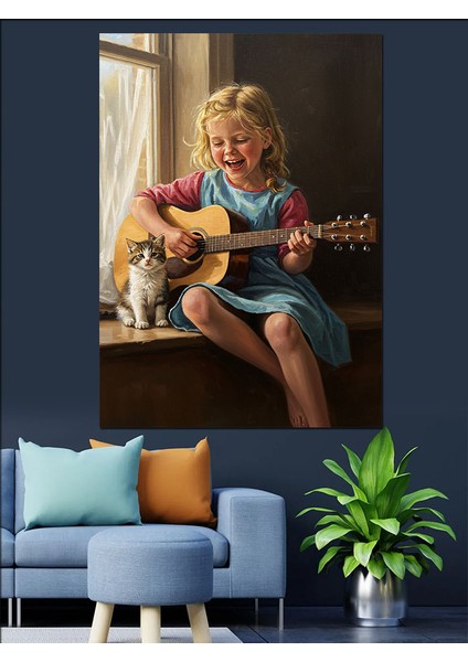 Gitar Çalan Kız Çocuk Dekoratif Kanvas - Mdf Ahşap Tablo fırsatları