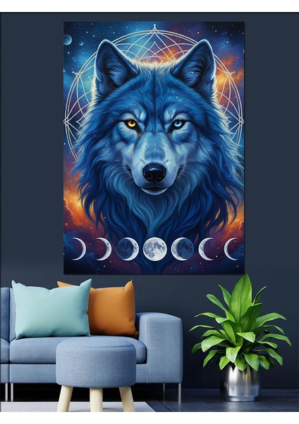 Dolunay Uluyan Mavi Kurt Dekoratif Kanvas - Mdf Ahşap Tablo fiyatları