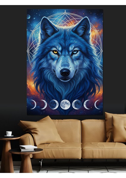 Dolunay Uluyan Mavi Kurt Dekoratif Kanvas - Mdf Ahşap Tablo modelleri