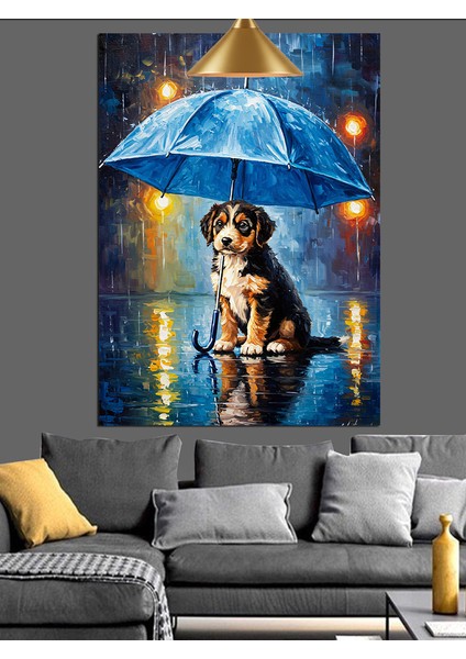 Köpek Yağmurda Şemsiye Altında Dekoratif Kanvas - Mdf Ahşap Tablo