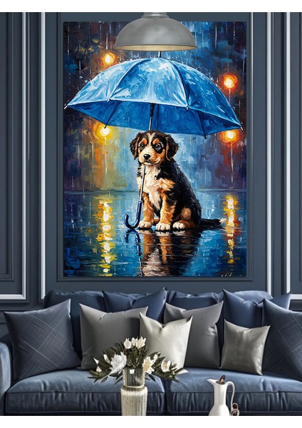 Köpek Yağmurda Şemsiye Altında Dekoratif Kanvas - Mdf Ahşap Tablo fiyatları