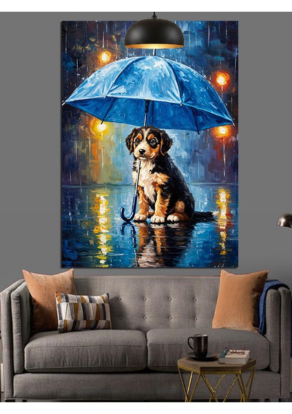 Köpek Yağmurda Şemsiye Altında Dekoratif Kanvas - Mdf Ahşap Tablo modelleri