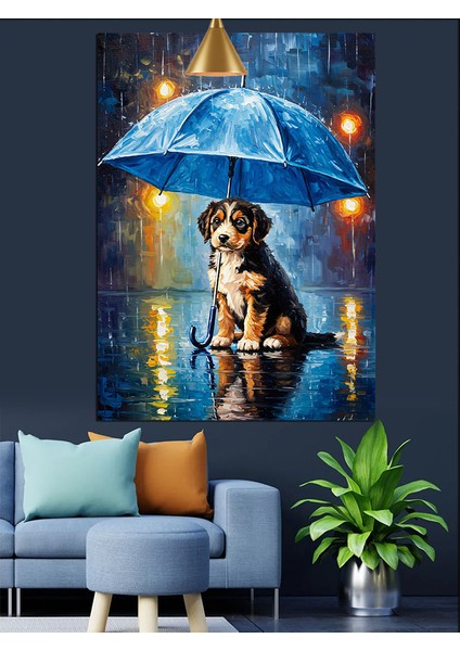 Köpek Yağmurda Şemsiye Altında Dekoratif Kanvas - Mdf Ahşap Tablo fırsatları