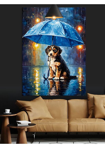 Köpek Yağmurda Şemsiye Altında Dekoratif Kanvas - Mdf Ahşap Tablo indirimleri