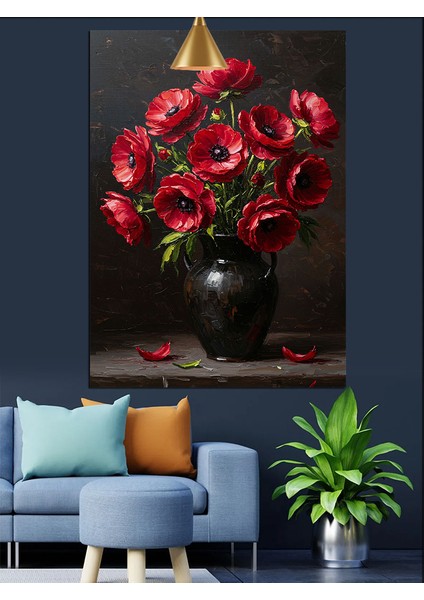 Kahve Rengi Vazo ve Kırmızı Çiçekler Dekoratif Kanvas - Mdf Ahşap Tablo fiyatları