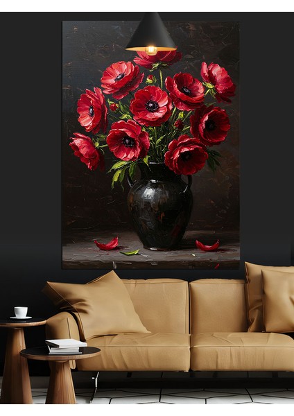 Kahve Rengi Vazo ve Kırmızı Çiçekler Dekoratif Kanvas - Mdf Ahşap Tablo modelleri