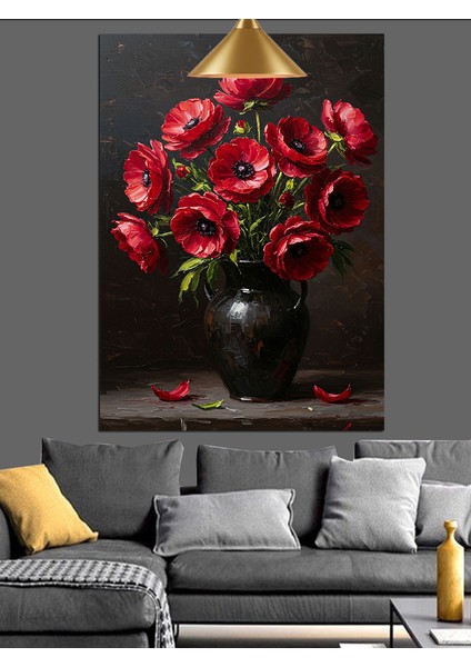 Kahve Rengi Vazo ve Kırmızı Çiçekler Dekoratif Kanvas - Mdf Ahşap Tablo fırsatları