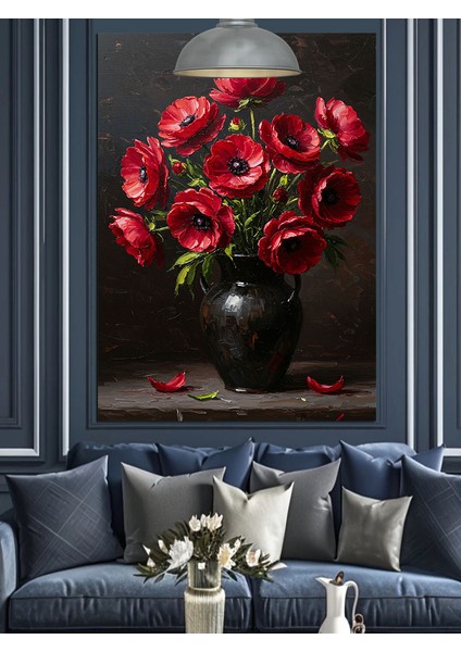 Kahve Rengi Vazo ve Kırmızı Çiçekler Dekoratif Kanvas - Mdf Ahşap Tablo indirimleri