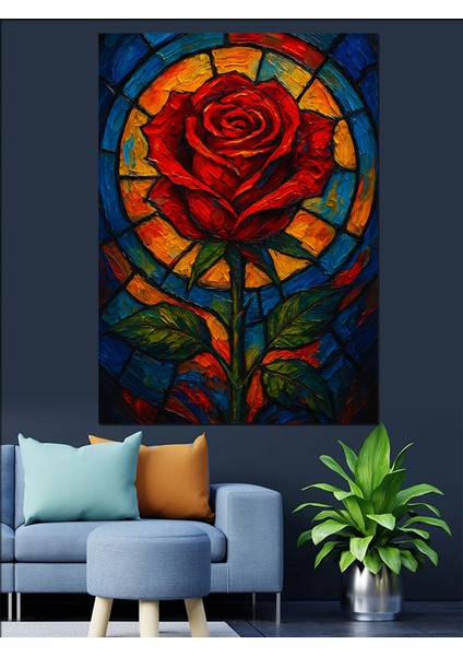 Mavi Kırmızı Gül Çiçeği Dekoratif Kanvas - Mdf Ahşap Tablo