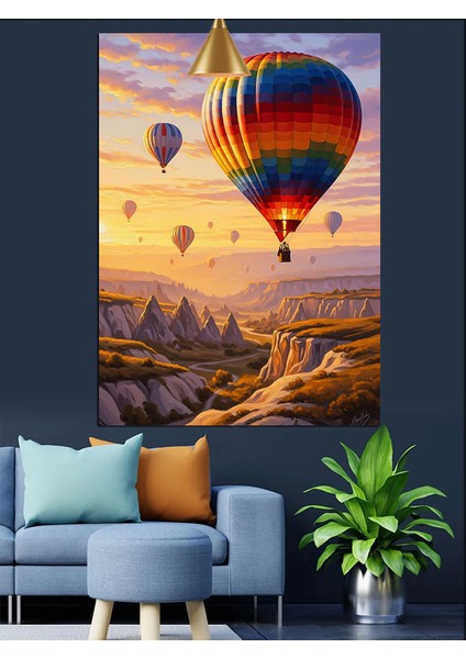 Renkli Sıcak Hava Balonu Uçuşu Dekoratif Kanvas - Mdf Ahşap Tablo