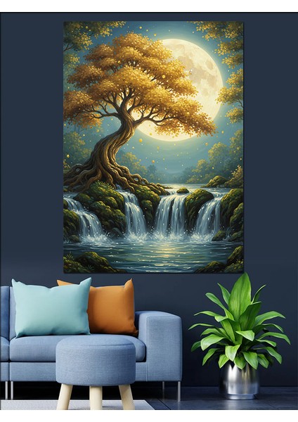 Şelale Gün Batımı Ağaç Manzarası Dekoratif Kanvas - Mdf Ahşap Tablo