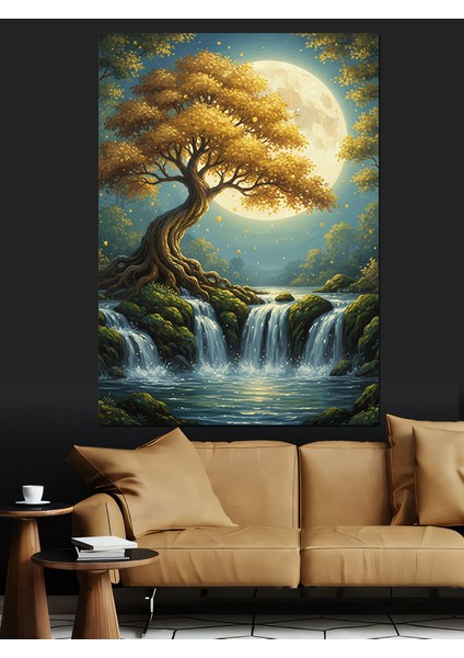 Şelale Gün Batımı Ağaç Manzarası Dekoratif Kanvas - Mdf Ahşap Tablo fiyatları