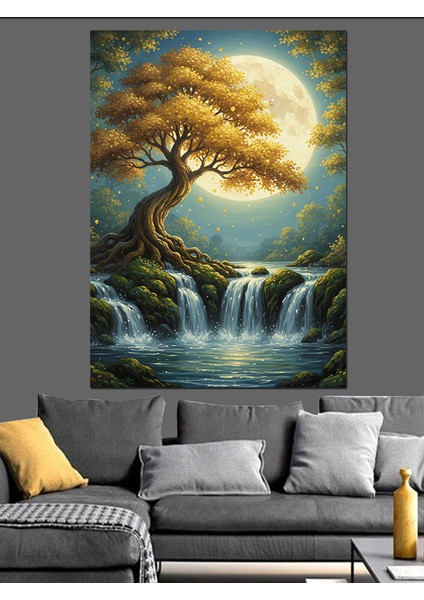 Şelale Gün Batımı Ağaç Manzarası Dekoratif Kanvas - Mdf Ahşap Tablo fırsatları