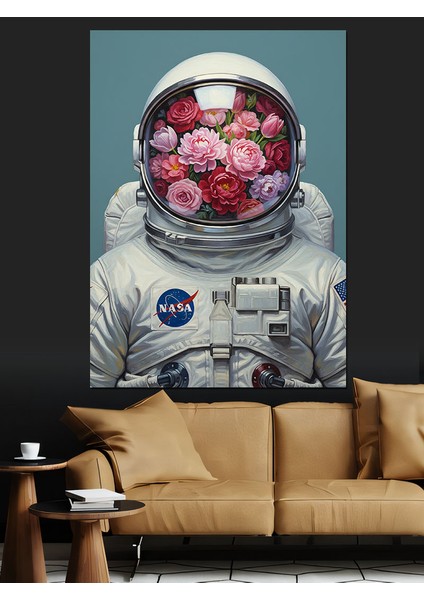 Astronot Uzayda Çiçekler Dekoratif Kanvas - Mdf Ahşap Tablo