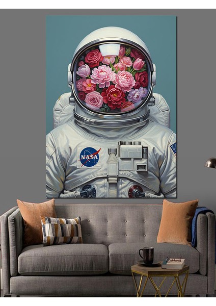 Astronot Uzayda Çiçekler Dekoratif Kanvas - Mdf Ahşap Tablo fiyatları