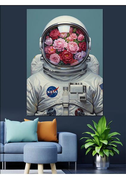 Astronot Uzayda Çiçekler Dekoratif Kanvas - Mdf Ahşap Tablo indirimleri
