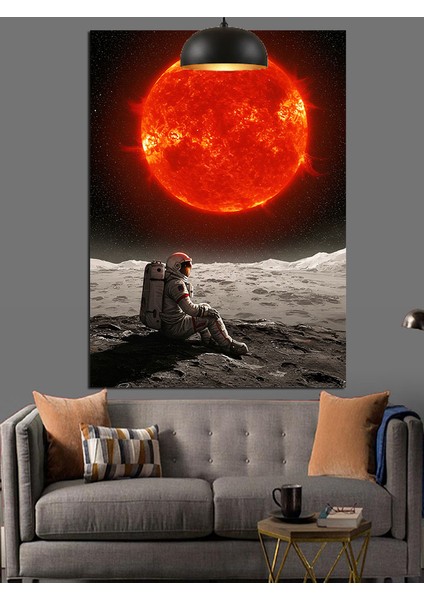 Kırmızı Güneşe Bakan Astronot Dekoratif Kanvas - Mdf Ahşap Tablo