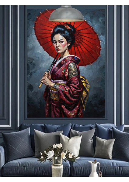 Kırmızı Şemsiyeli Japon Kadın Dekoratif Kanvas - Mdf Ahşap Tablo