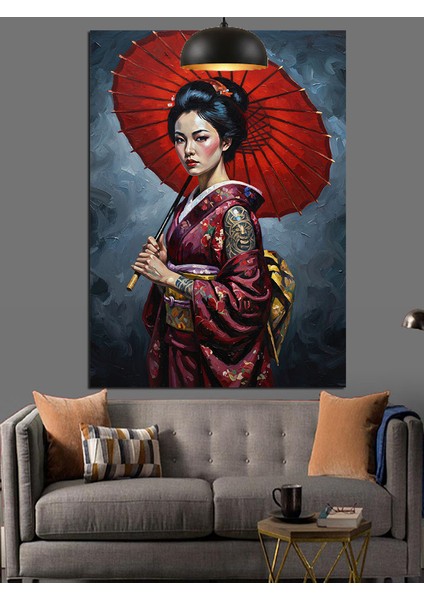 Kırmızı Şemsiyeli Japon Kadın Dekoratif Kanvas - Mdf Ahşap Tablo fiyatları