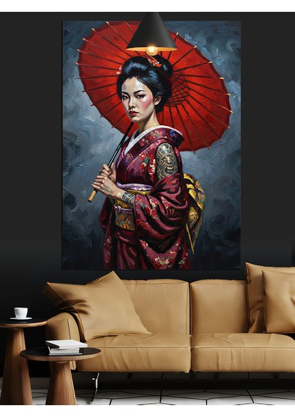 Kırmızı Şemsiyeli Japon Kadın Dekoratif Kanvas - Mdf Ahşap Tablo fırsatları