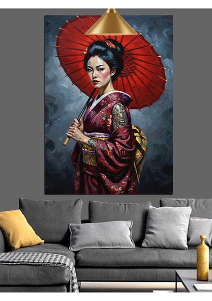 Kırmızı Şemsiyeli Japon Kadın Dekoratif Kanvas - Mdf Ahşap Tablo indirimleri