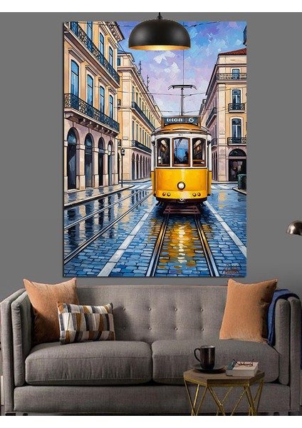 Sarı Tramvay Şehir Manzarası Dekoratif Kanvas - Mdf Ahşap Tablo modelleri