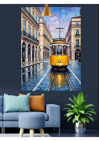 Sarı Tramvay Şehir Manzarası Dekoratif Kanvas - Mdf Ahşap Tablo fırsatları