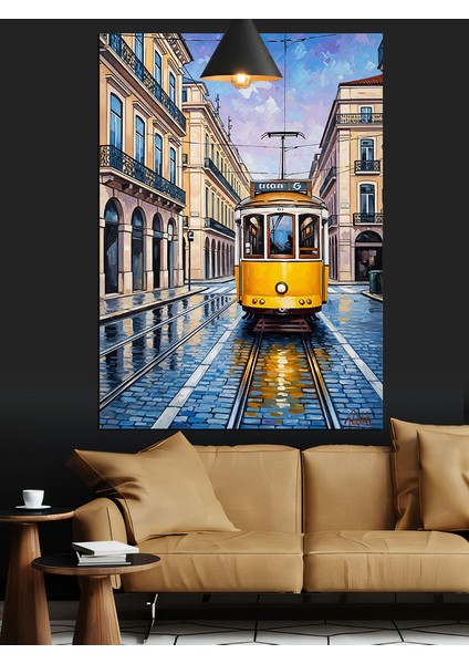 Sarı Tramvay Şehir Manzarası Dekoratif Kanvas - Mdf Ahşap Tablo indirimleri