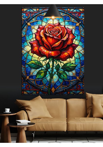 Renkli Vitray Önündeki Kırmızı Gül Çiçek Portresi Dekoratif Kanvas - Mdf Ahşap Tablo