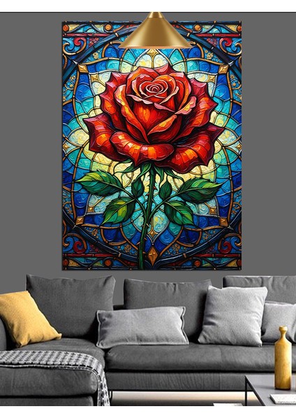 Renkli Vitray Önündeki Kırmızı Gül Çiçek Portresi Dekoratif Kanvas - Mdf Ahşap Tablo fiyatları