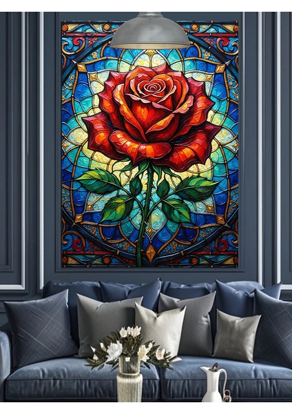 Renkli Vitray Önündeki Kırmızı Gül Çiçek Portresi Dekoratif Kanvas - Mdf Ahşap Tablo modelleri