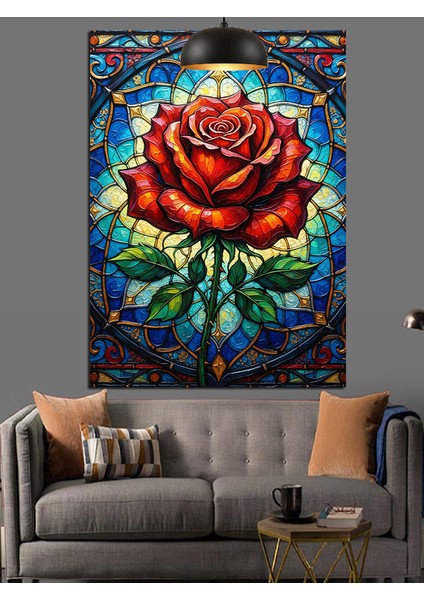 Renkli Vitray Önündeki Kırmızı Gül Çiçek Portresi Dekoratif Kanvas - Mdf Ahşap Tablo fırsatları