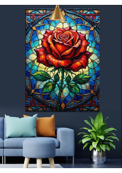 Renkli Vitray Önündeki Kırmızı Gül Çiçek Portresi Dekoratif Kanvas - Mdf Ahşap Tablo indirimleri