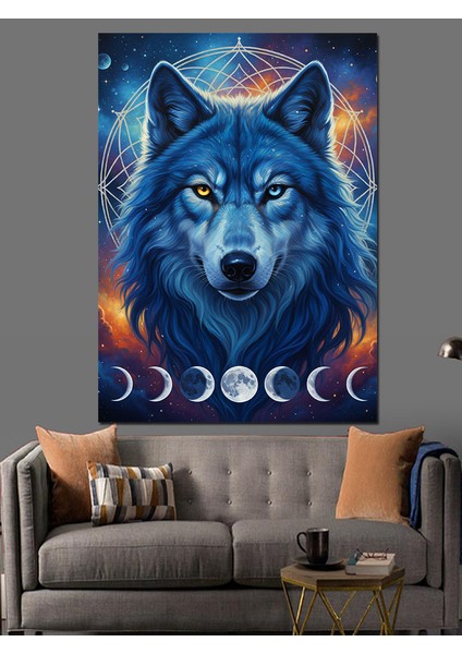 Dolunay Uluyan Mavi Kurt Dekoratif Kanvas - Mdf Ahşap Tablo fırsatları