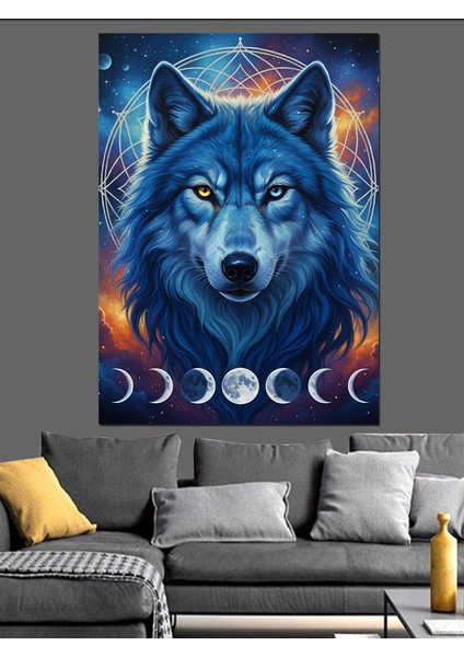 Dolunay Uluyan Mavi Kurt Dekoratif Kanvas - Mdf Ahşap Tablo indirimleri