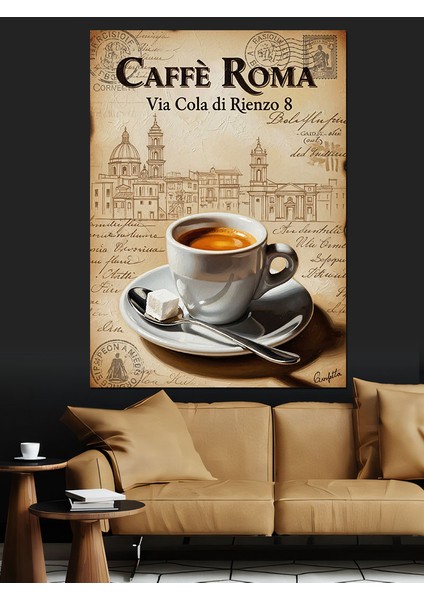 Caffe Roma Kahve Kupası Afiş Dekoratif Kanvas - Mdf Ahşap Tablo