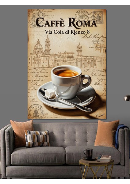 Caffe Roma Kahve Kupası Afiş Dekoratif Kanvas - Mdf Ahşap Tablo fiyatları